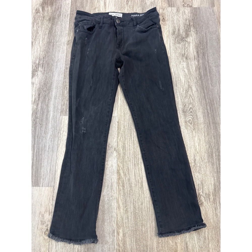 DL1961 Mara Straight Ankle Jeans Faded Black Distressed Raw Hem Size 28